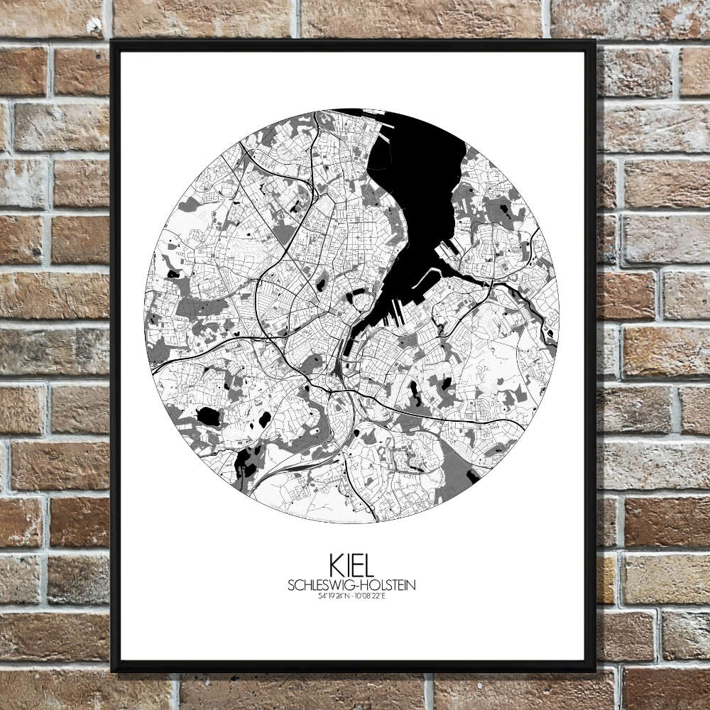 Mapospheres Kiel Black and White round shape design poster city map