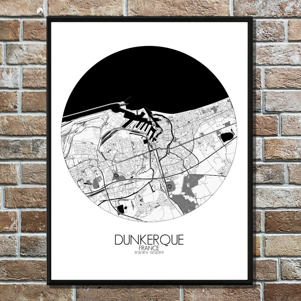 Mapospheres Dunkirk Black and White round shape design poster city map