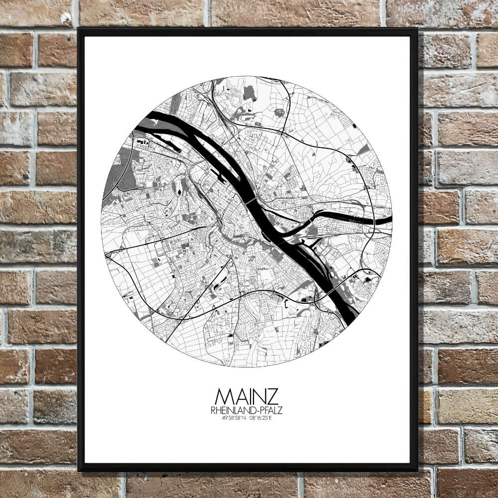 Mapospheres Mainz Black and White round shape design poster city map