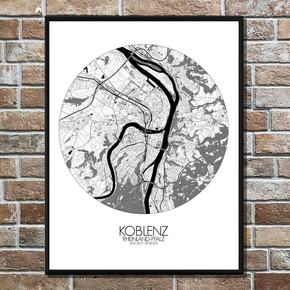 Mapospheres Koblenz Black and White round shape design poster city map