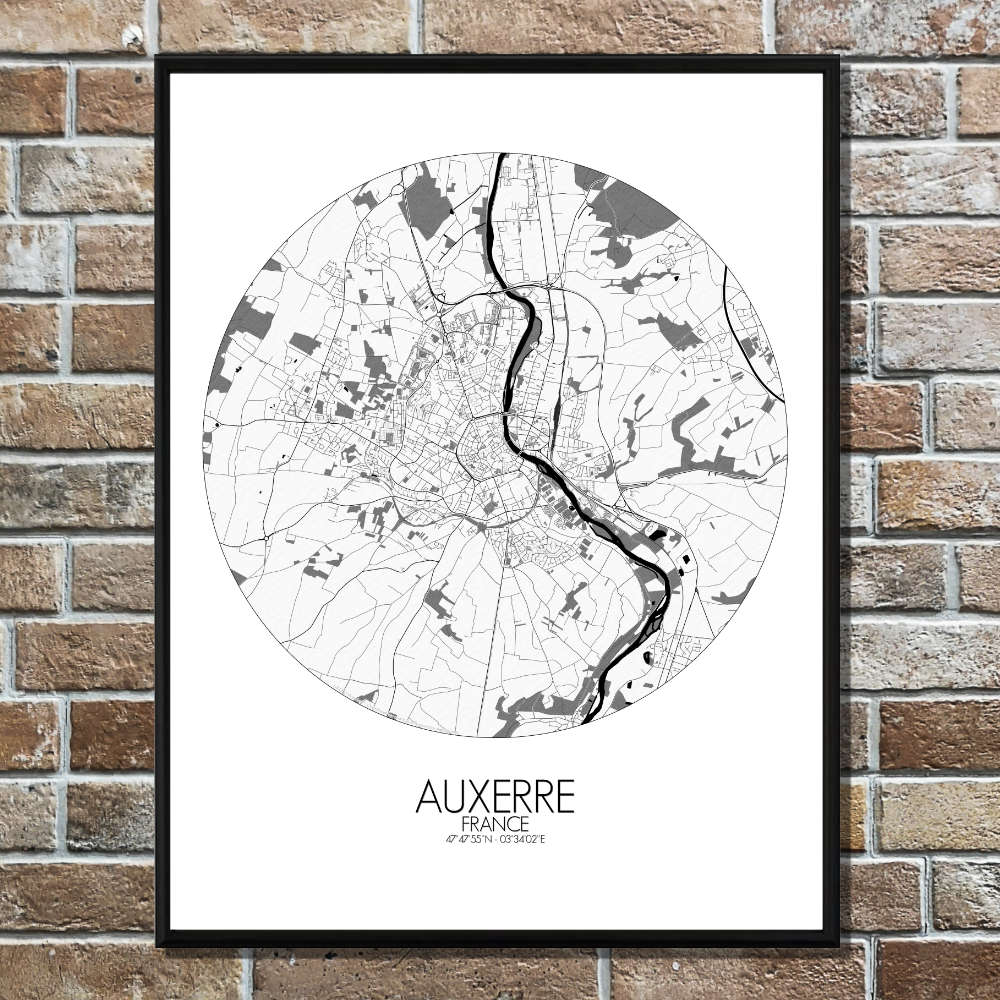 Mapospheres Auxerre Black and White round shape design poster city map