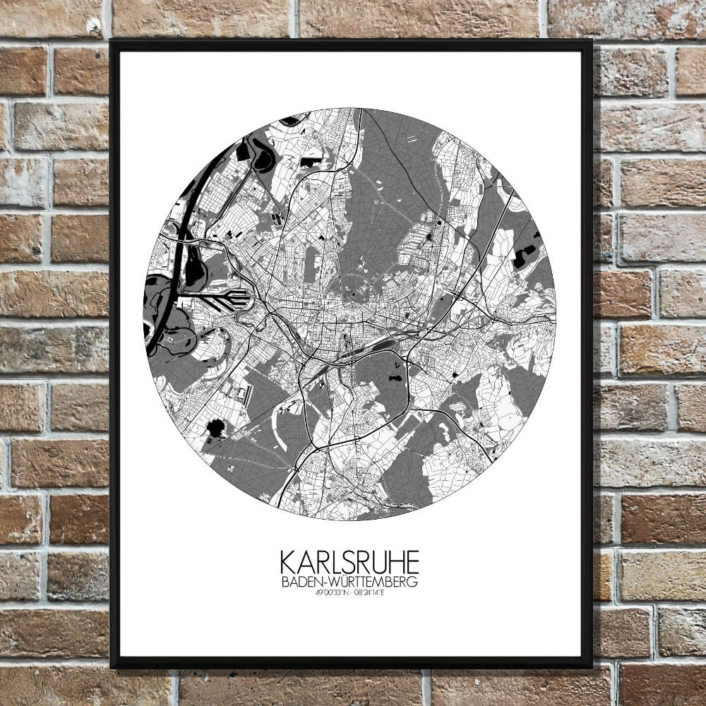 Mapospheres Karlsruhe Black and White round shape design poster city map