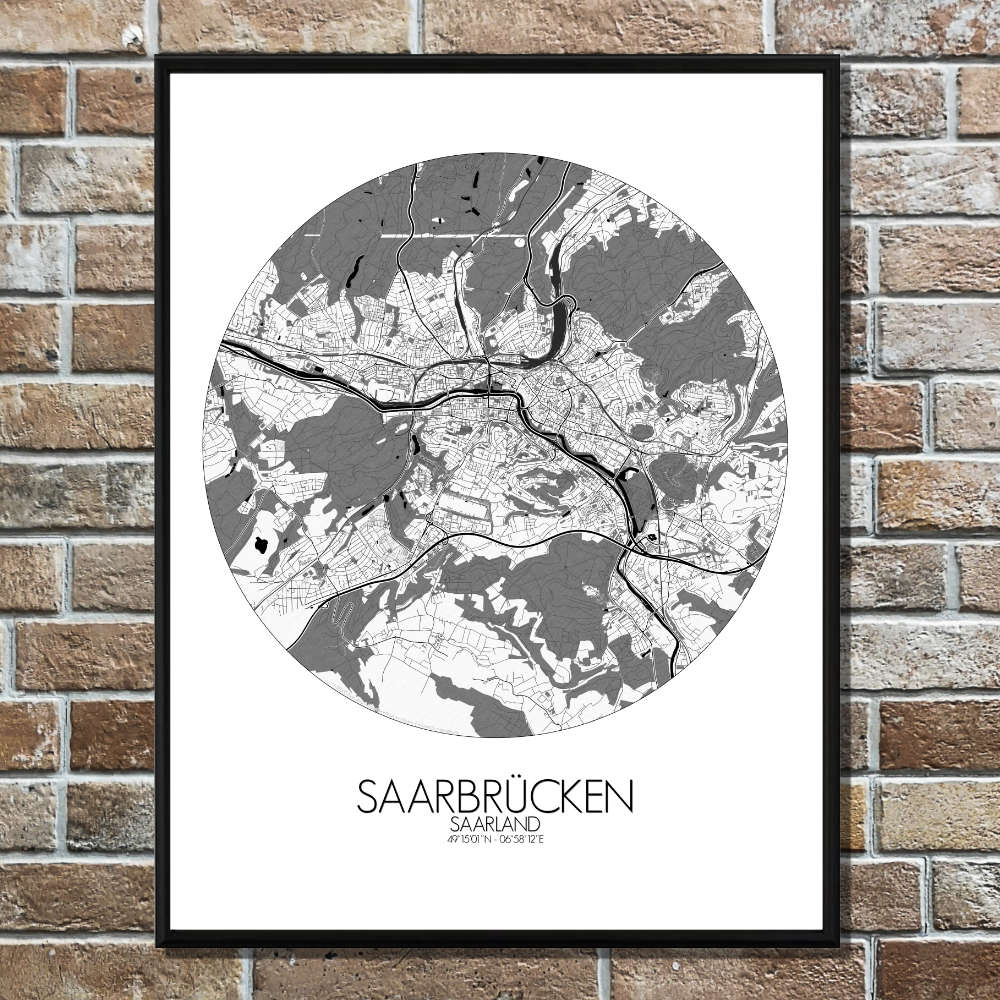 Mapospheres Saarbrucken Black and White round shape design poster city map
