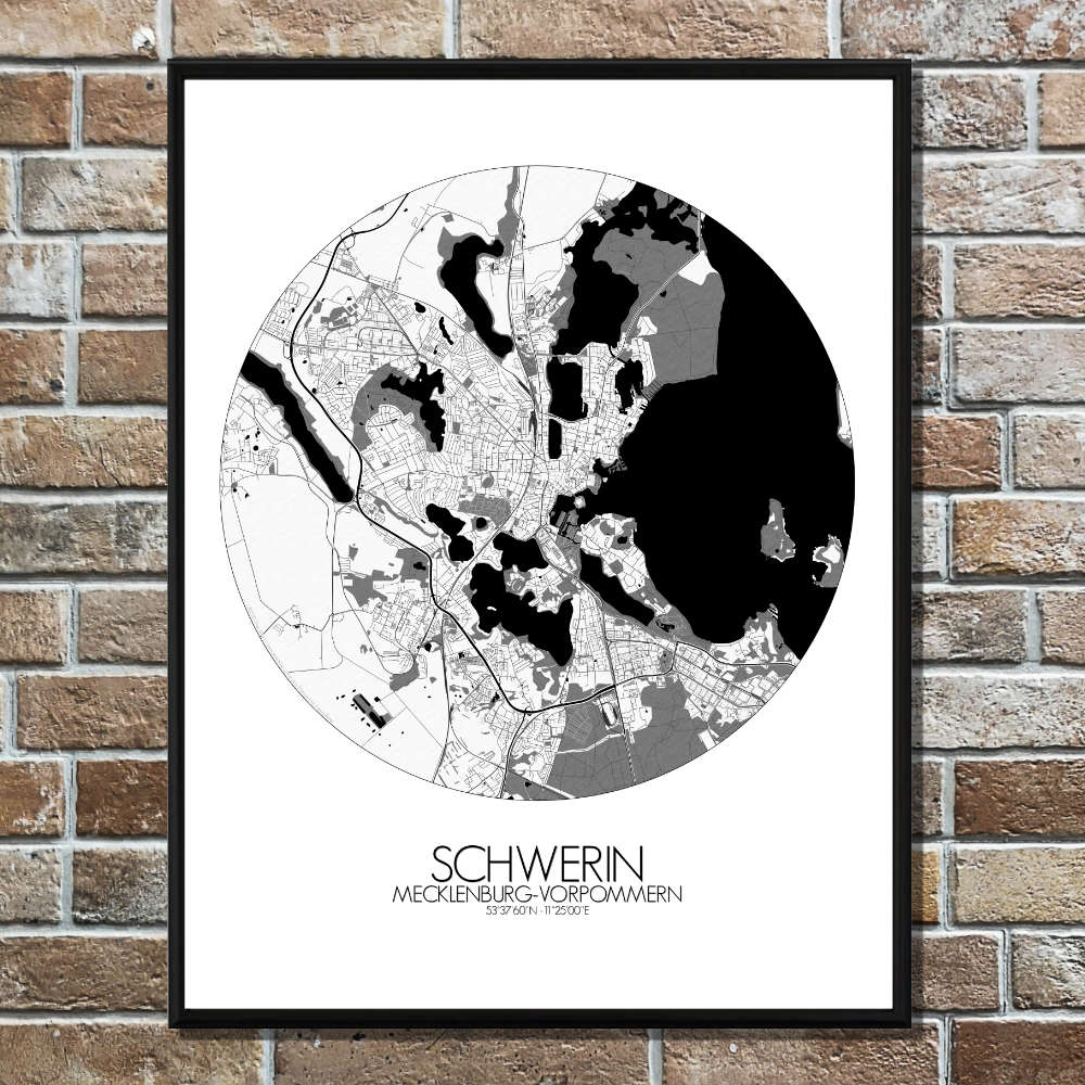 Mapospheres Schwerin Black and White round shape design poster city map