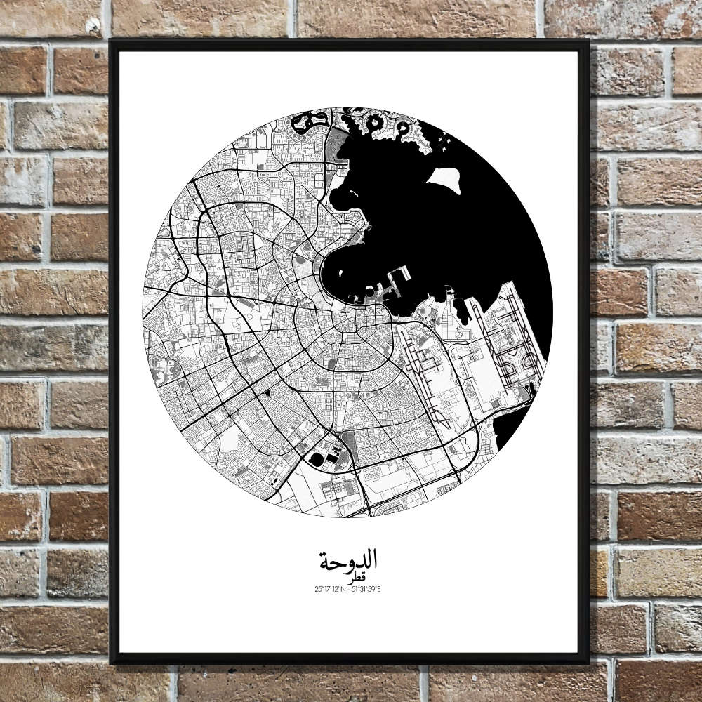 Mapospheres Doha Black and White round shape design poster city map