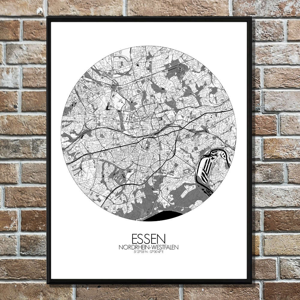 Mapospheres Essen Black and White round shape design poster city map