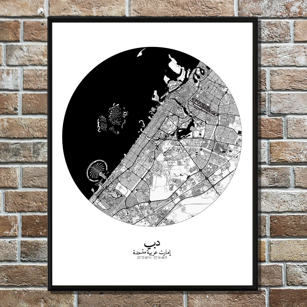 Mapospheres Dubai Black and White round shape design poster city map