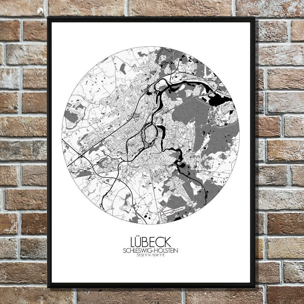 Mapospheres Lubeck Black and White round shape design poster city map