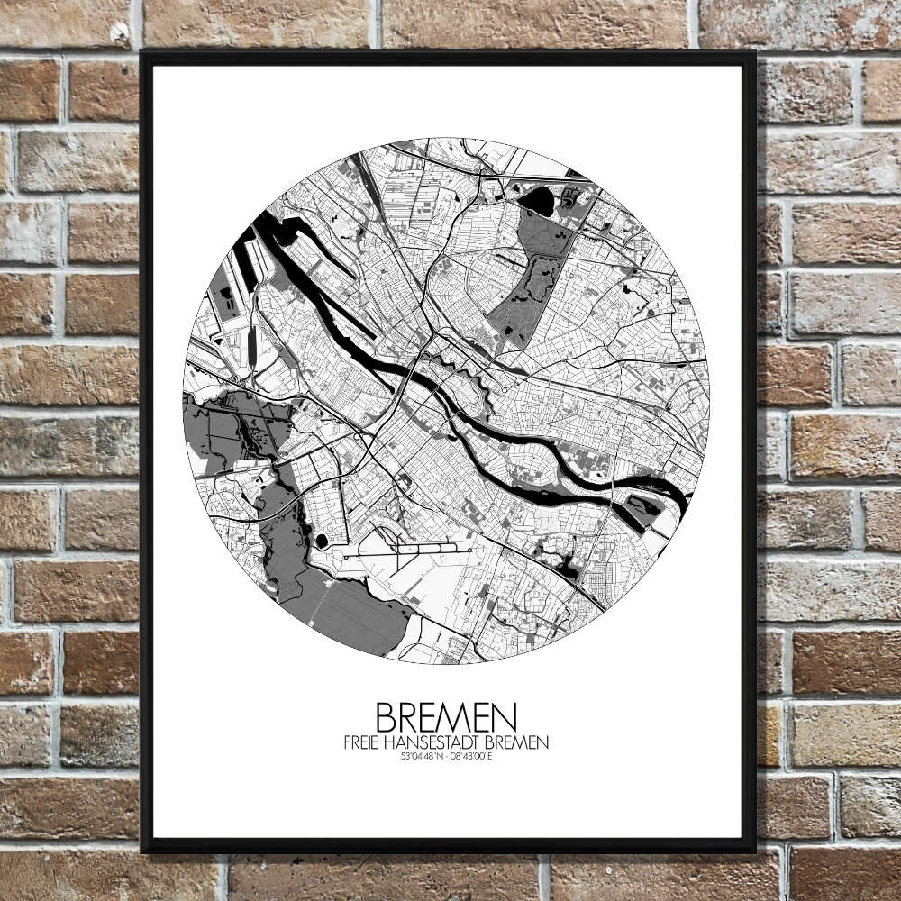 Mapospheres Bremen Black and White round shape design poster city map