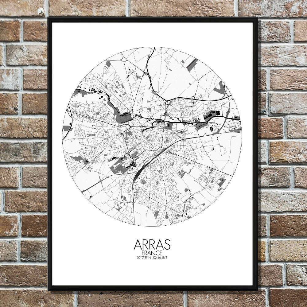 Mapospheres Arras Black and White round shape design poster city map