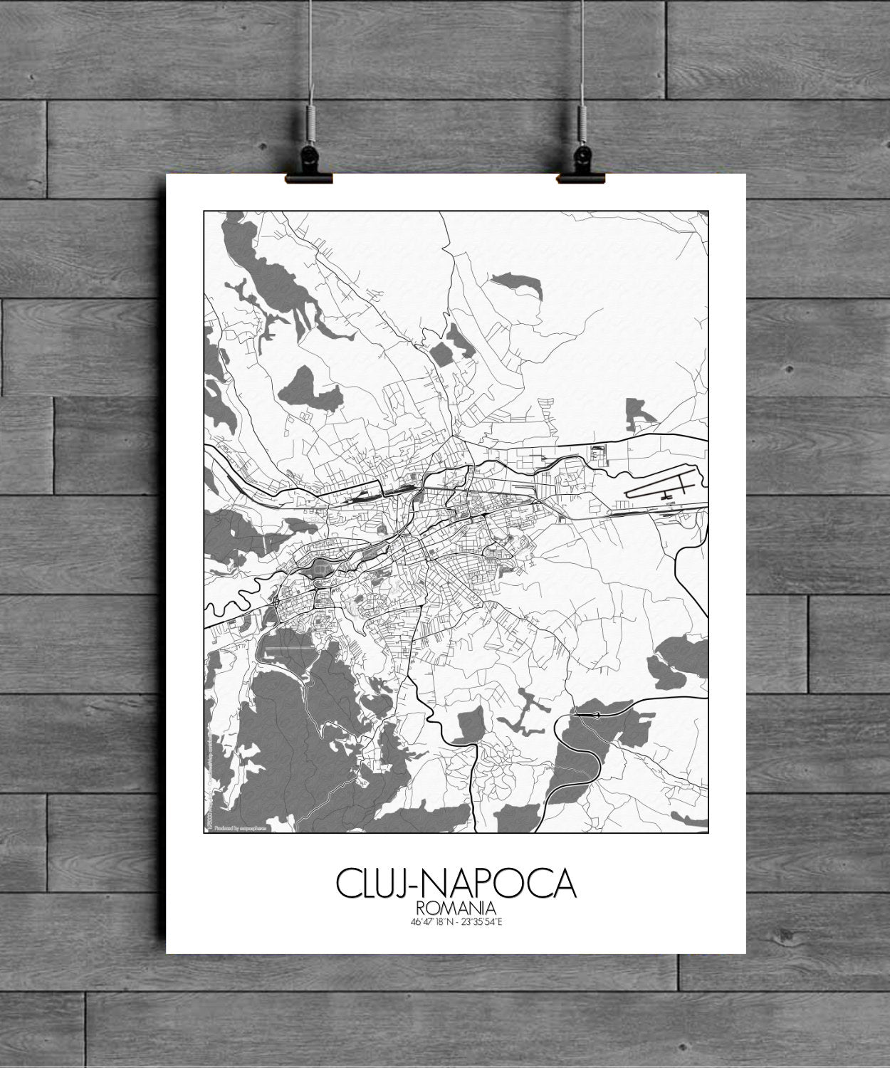 Mapospheres Cluj-Napoca Black and White full page design poster city map