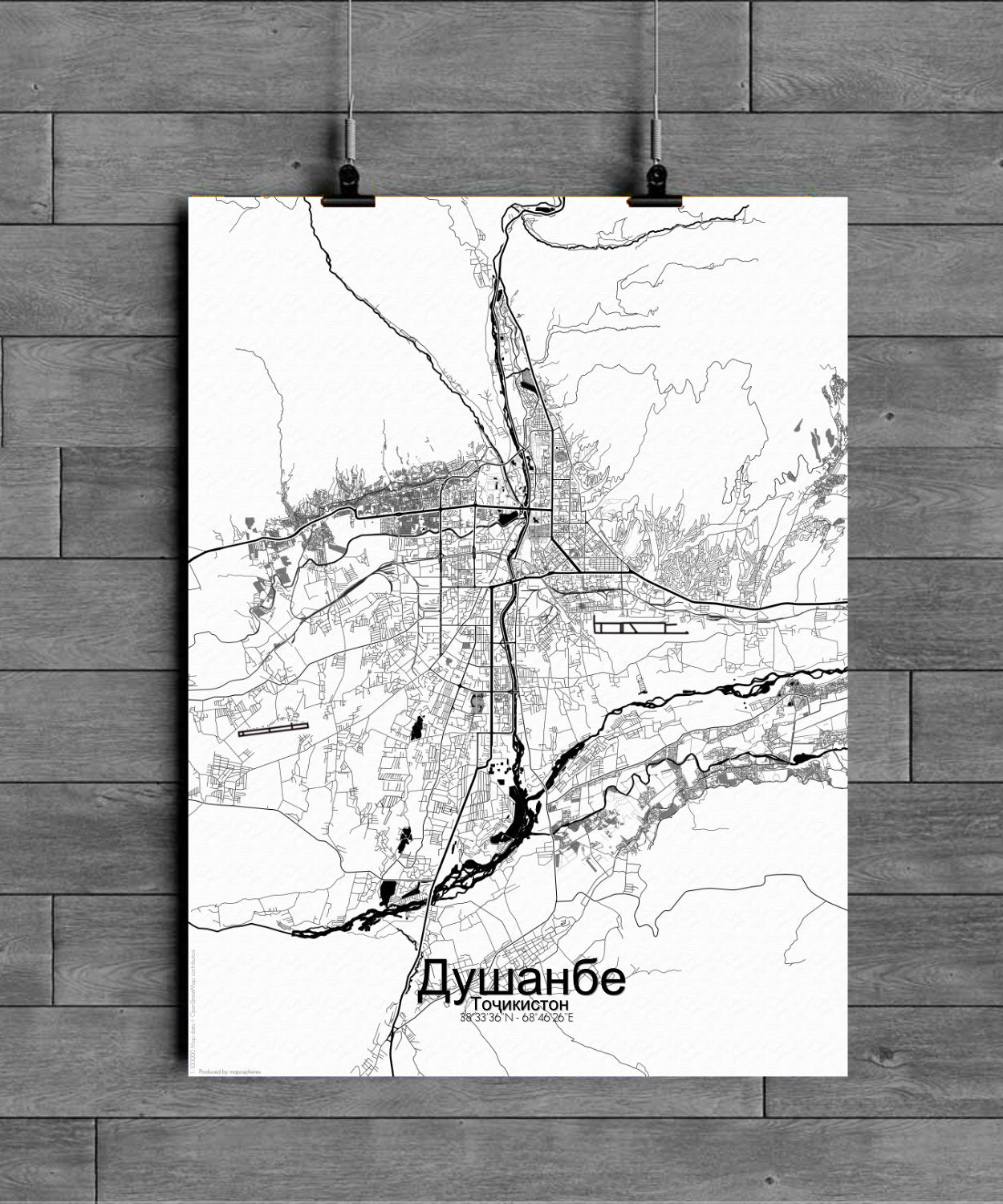 Mapospheres Dushanbe Black and White full page design poster city map