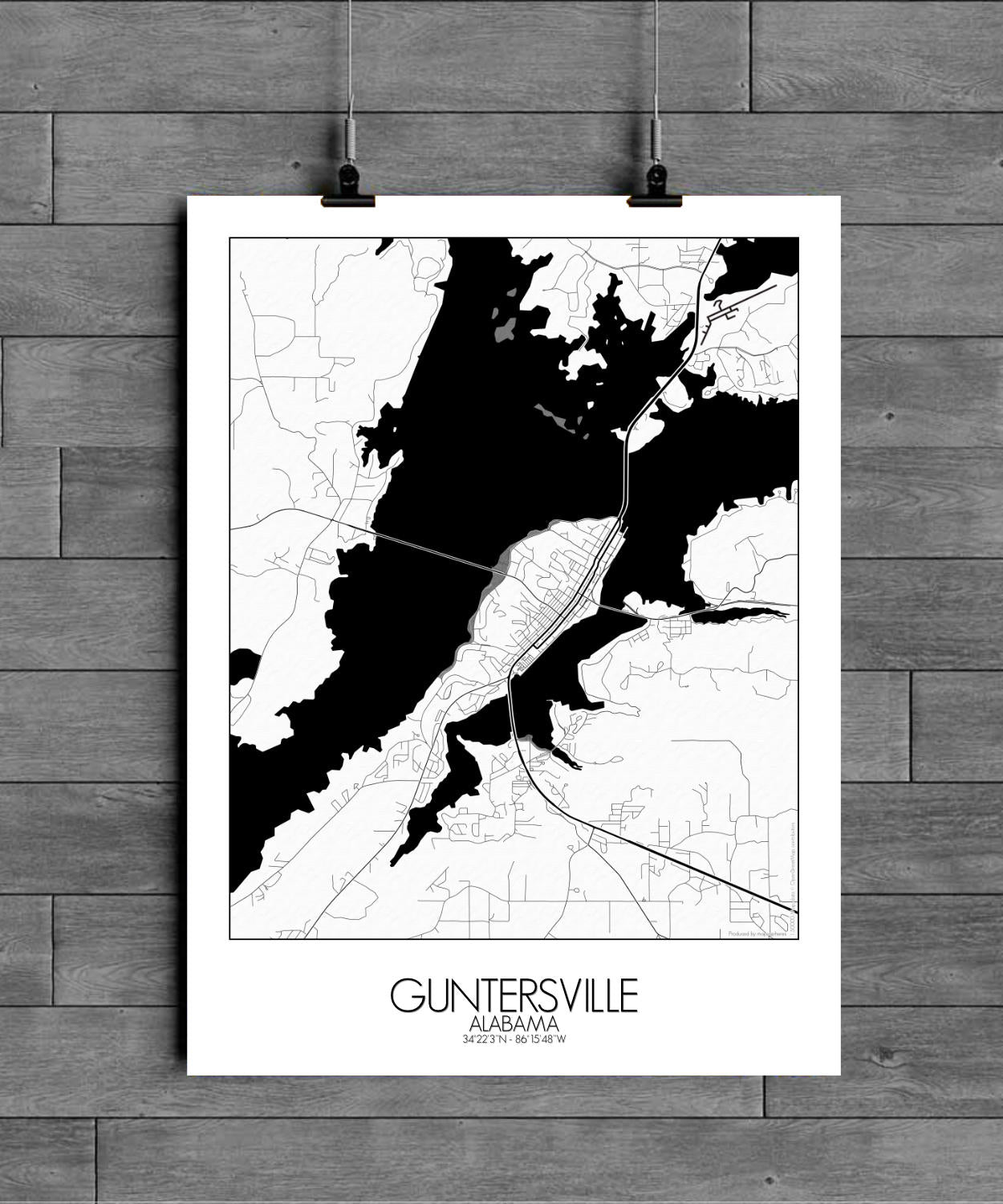 Mapospheres Guntersville Black and White full page design poster city map
