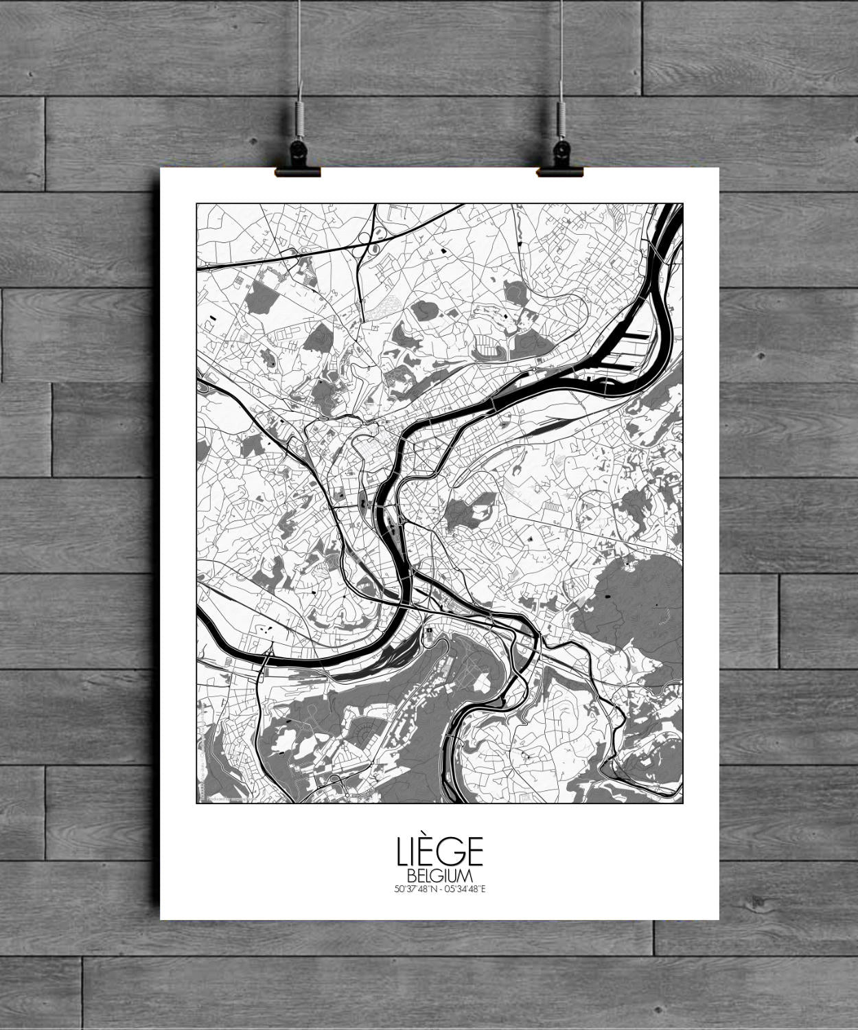 Mapospheres Liege Black and White full page design poster city map