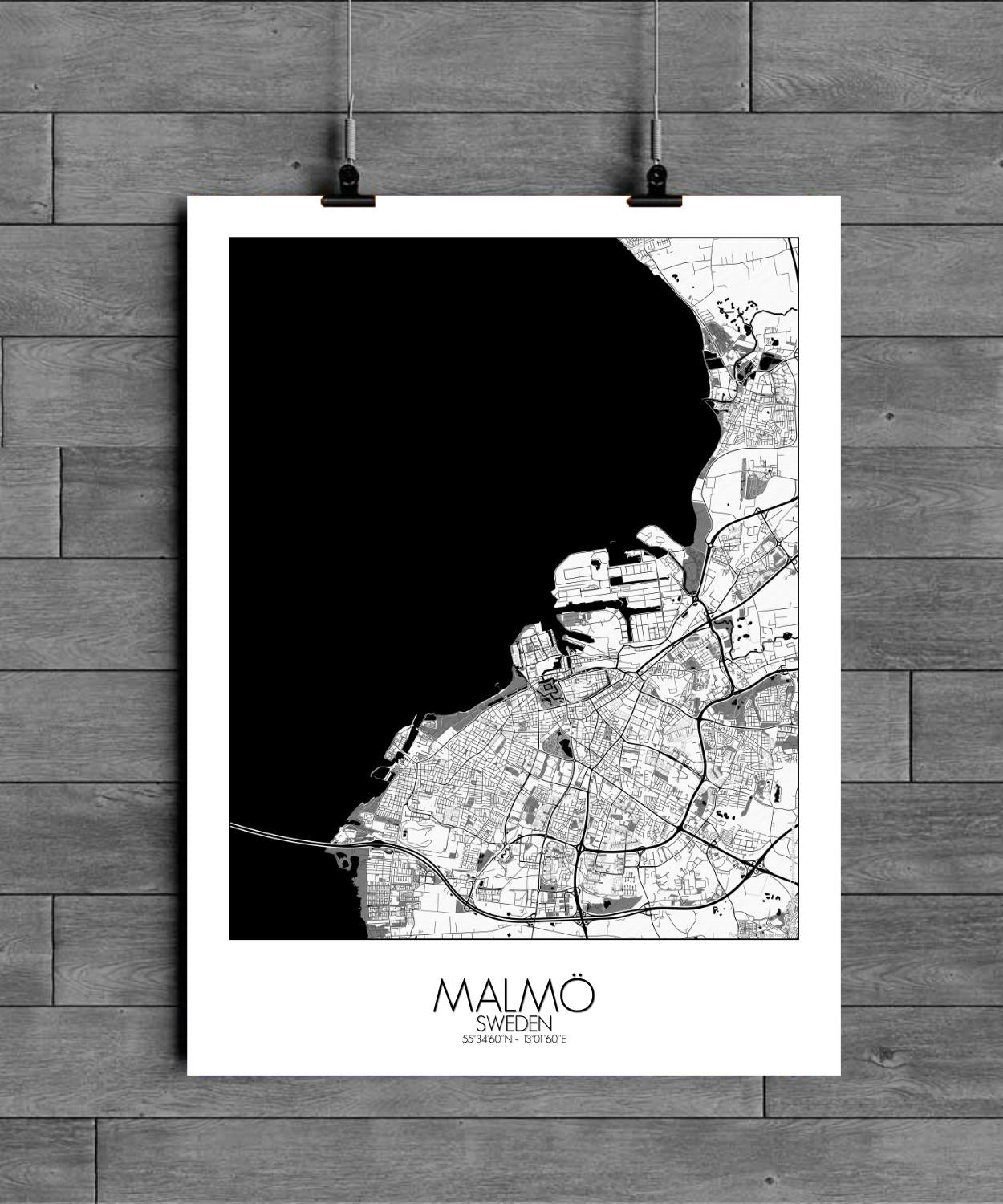 Mapospheres Malmo Black and White full page design poster city map
