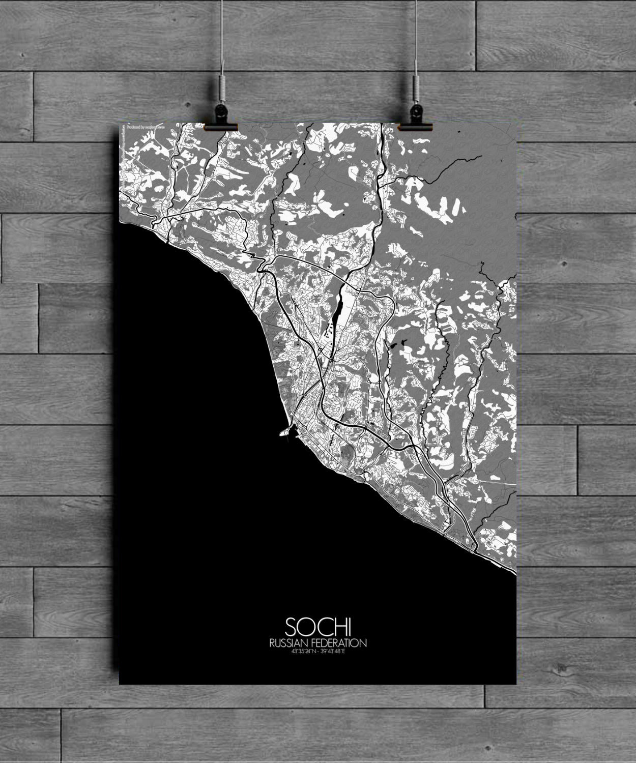 Mapospheres Sochi Black and White full page design poster city map