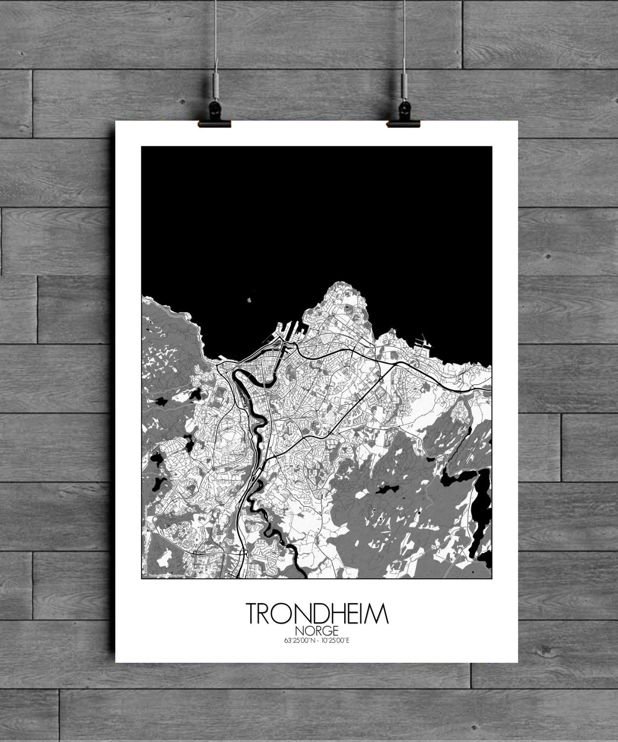 Mapospheres Trondheim Black and White full page design poster city map