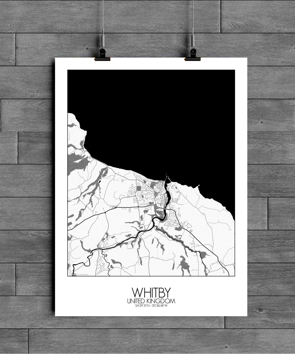 Mapospheres Whitby Black and White full page design poster city map