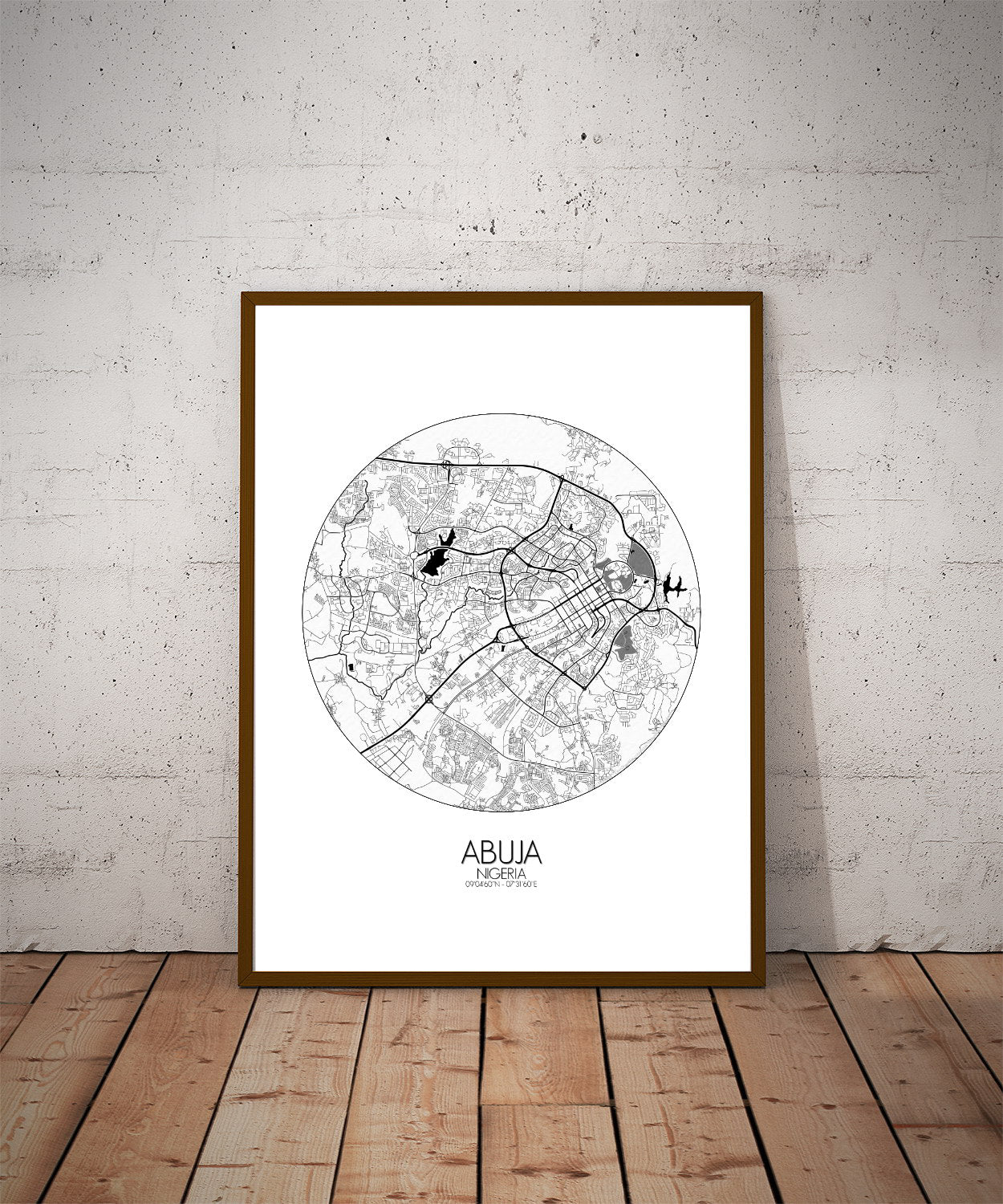 Mapospheres Abuja Black and White dark round shape design poster city map