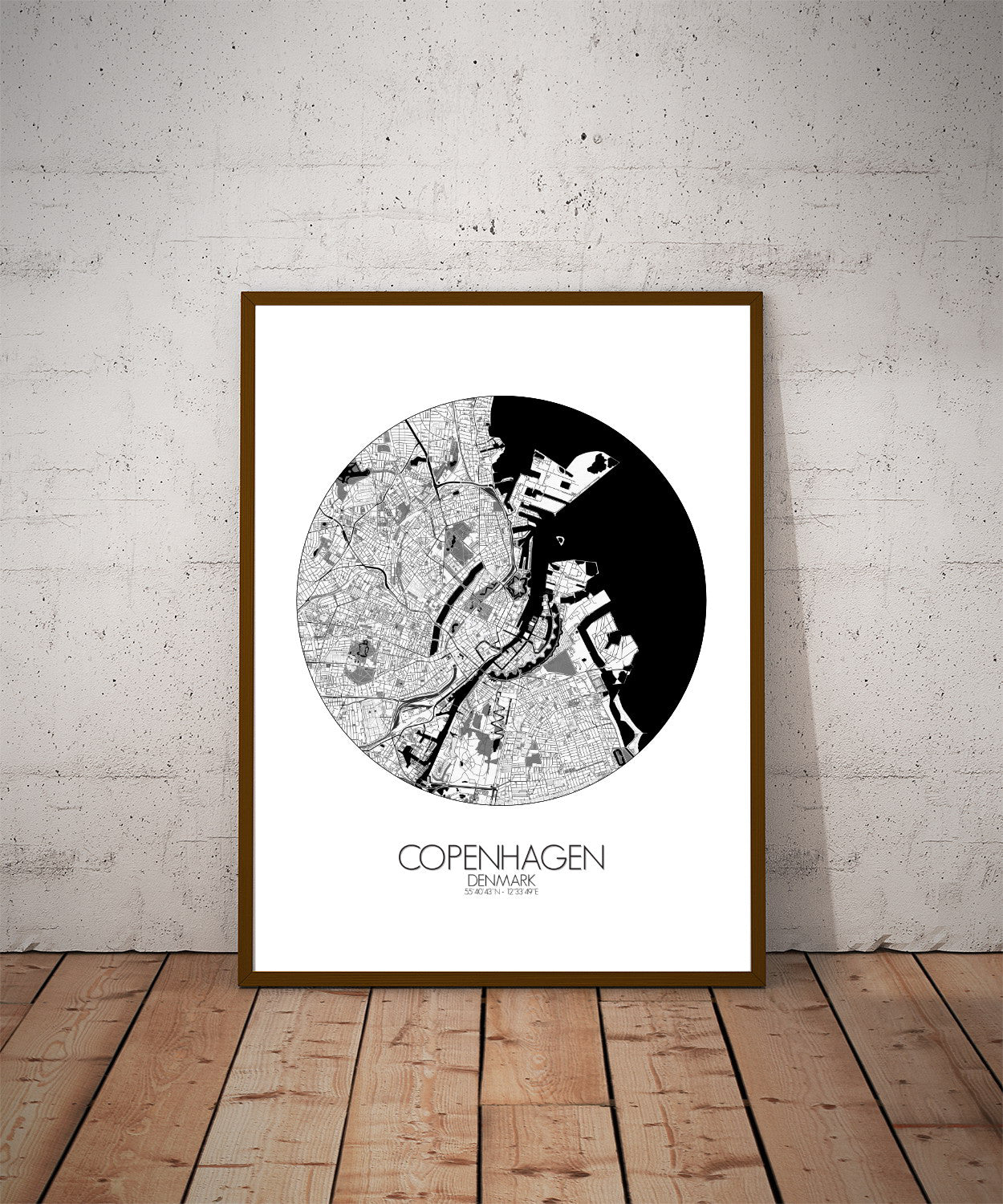 Mapospheres Copenhagen Black and White dark round shape design poster city map