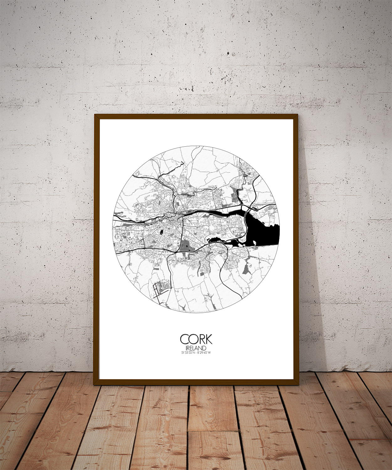 Mapospheres Cork Black and White dark round shape design poster city map