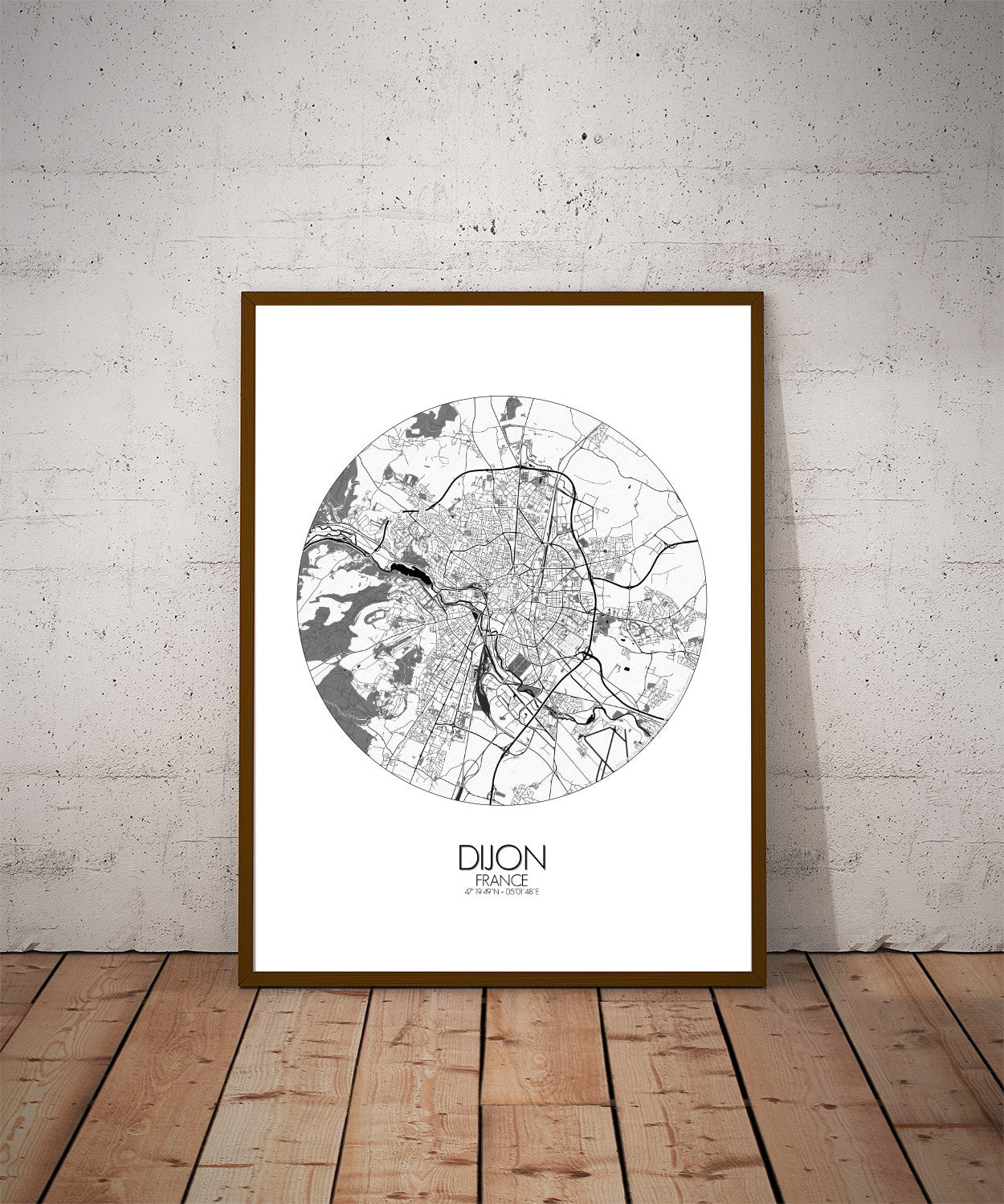 Mapospheres Dijon Black and White dark round shape design poster city map