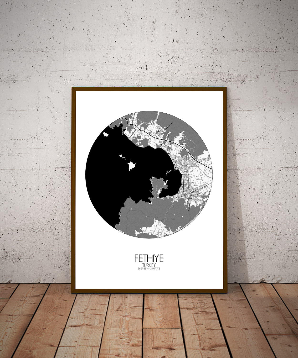 Mapospheres Fethiye Black and White dark round shape design poster city map