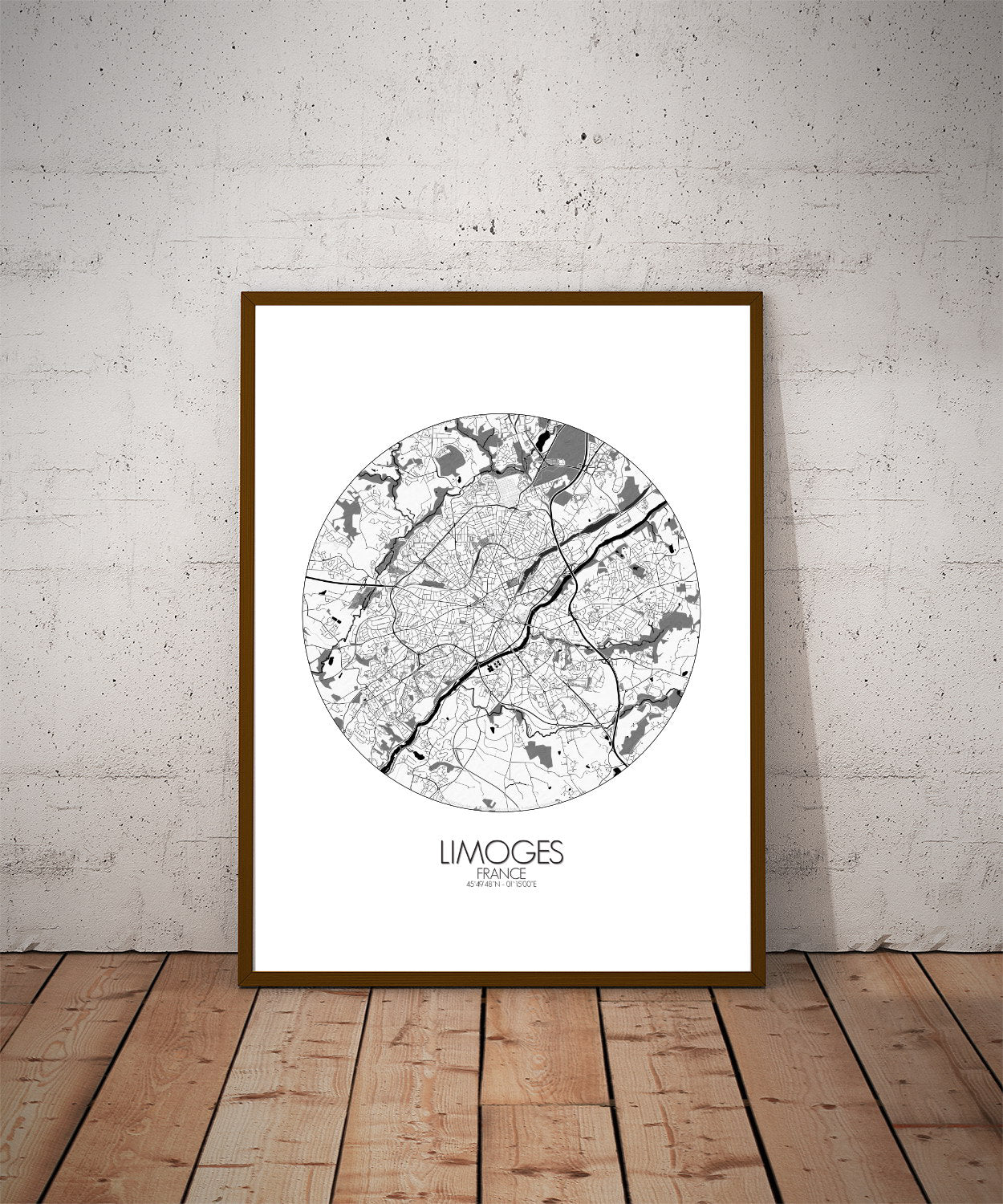 Mapospheres Limoges Black and White dark round shape design poster city map
