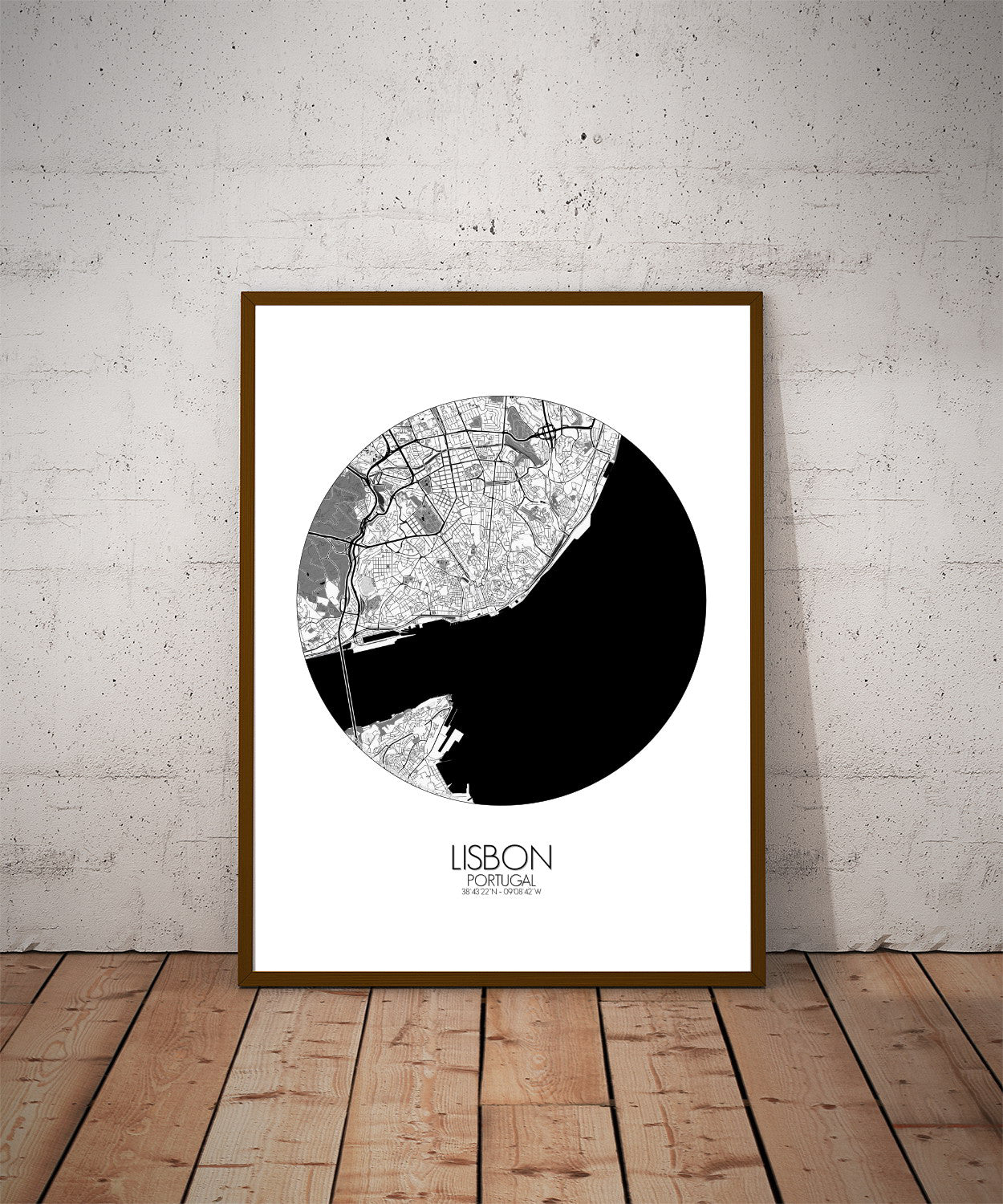 Mapospheres Lisbon Black and White dark round shape design poster city map