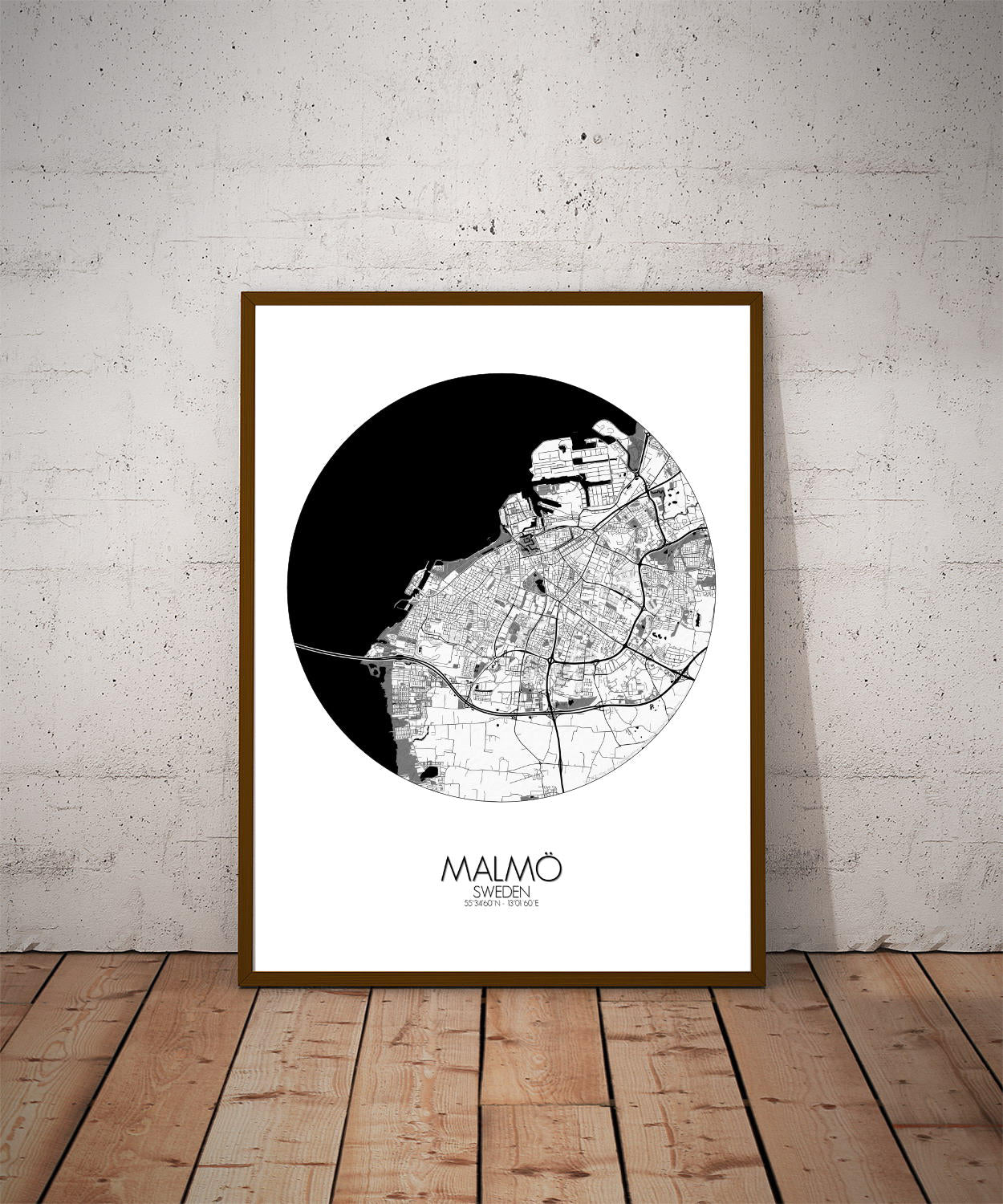 Mapospheres Malmo Black and White dark round shape design poster city map