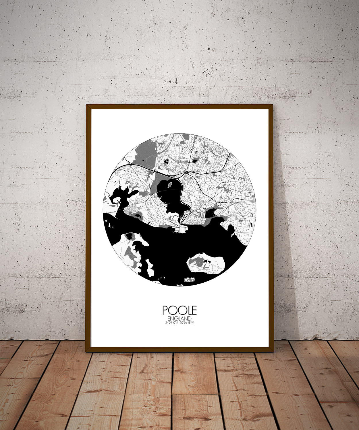 Mapospheres Poole Black and White dark round shape design poster city map