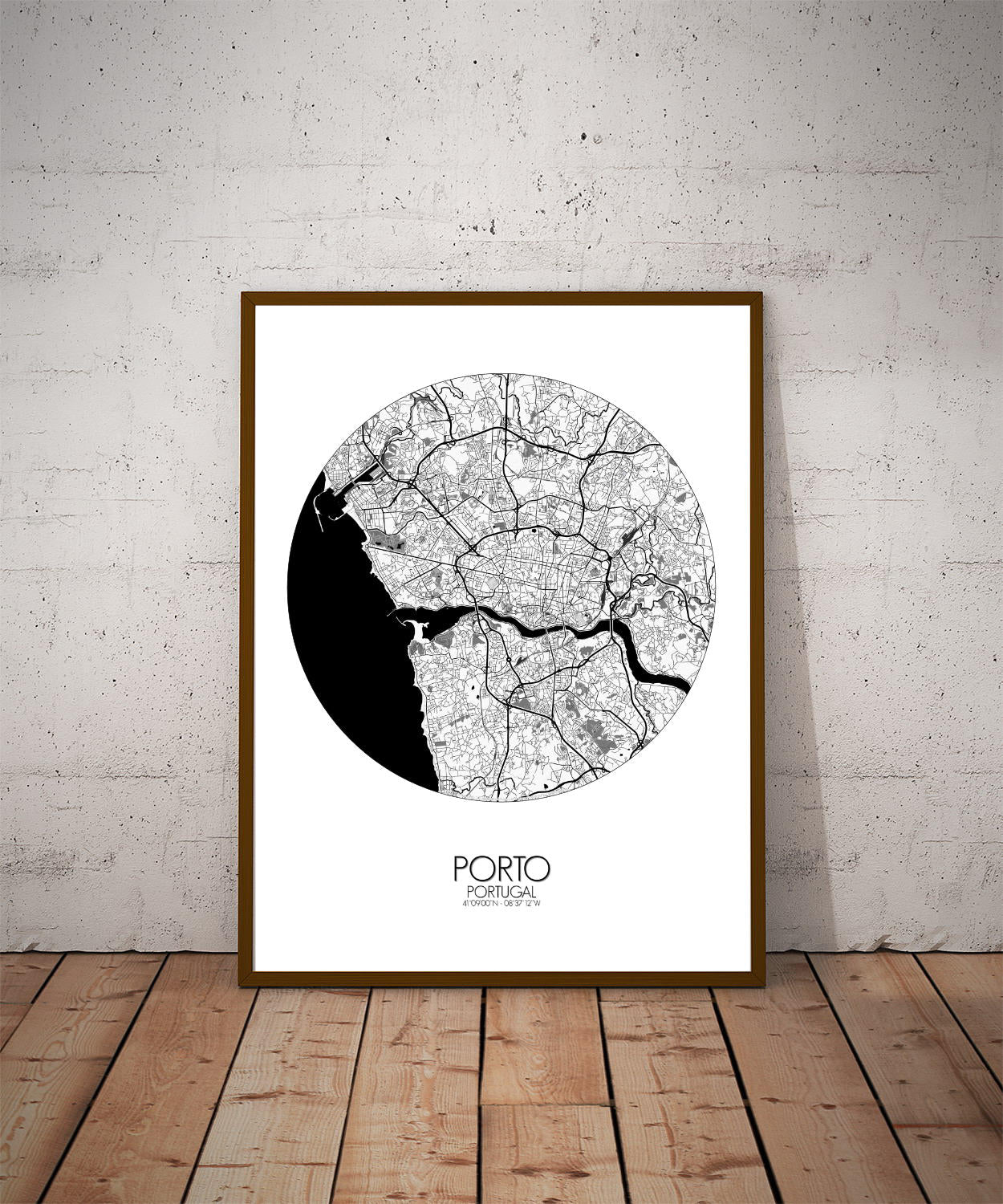 Mapospheres Porto Black and White dark round shape design poster city map