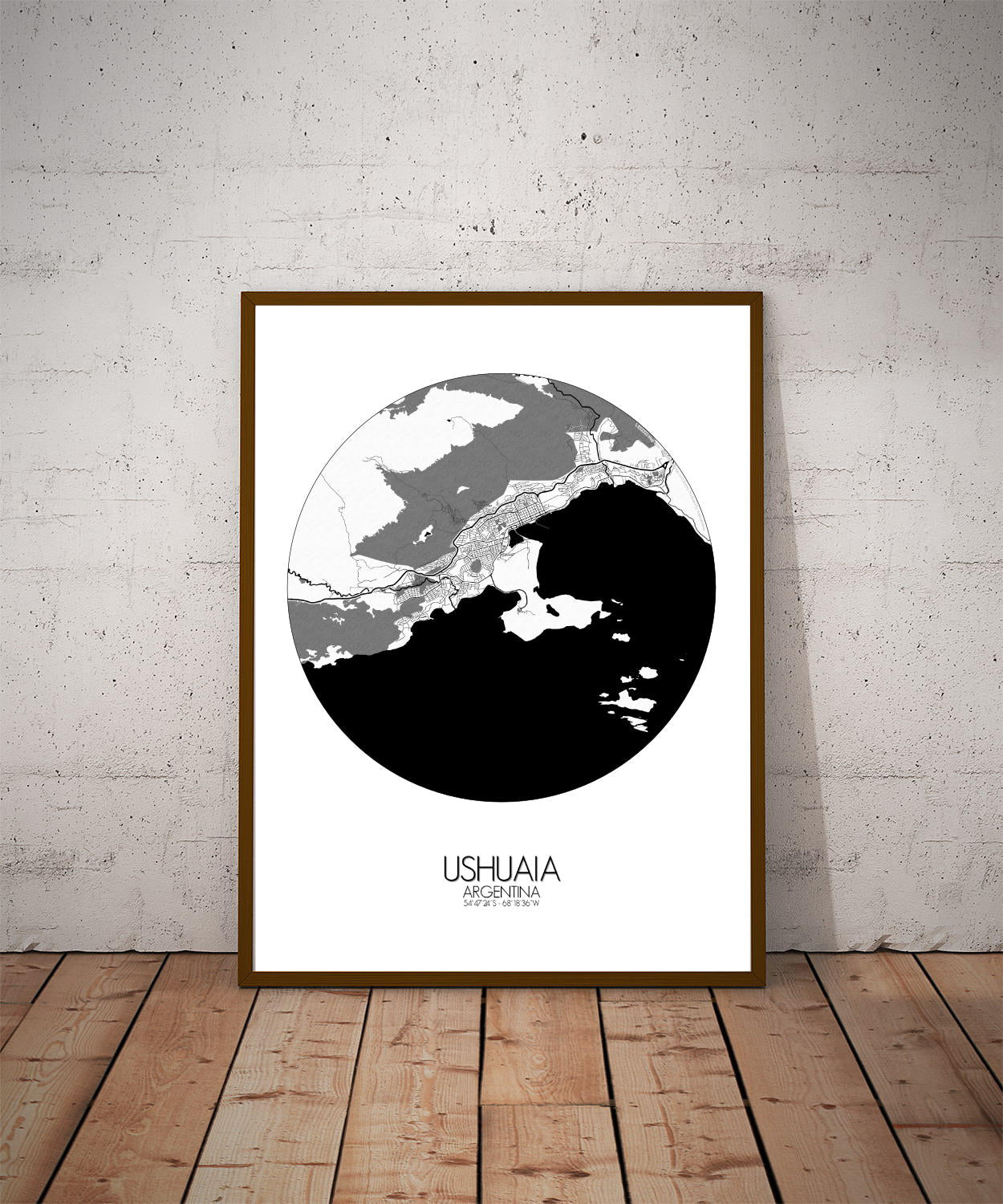 Mapospheres Ushuaia Black and White dark round shape design poster city map