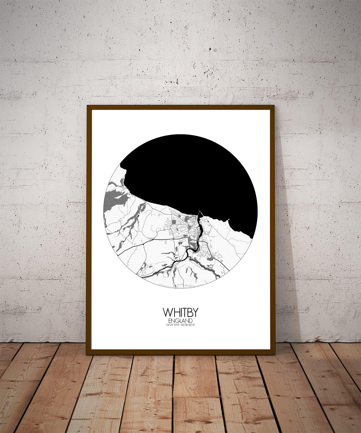 Mapospheres Whitby Black and White dark round shape design poster city map