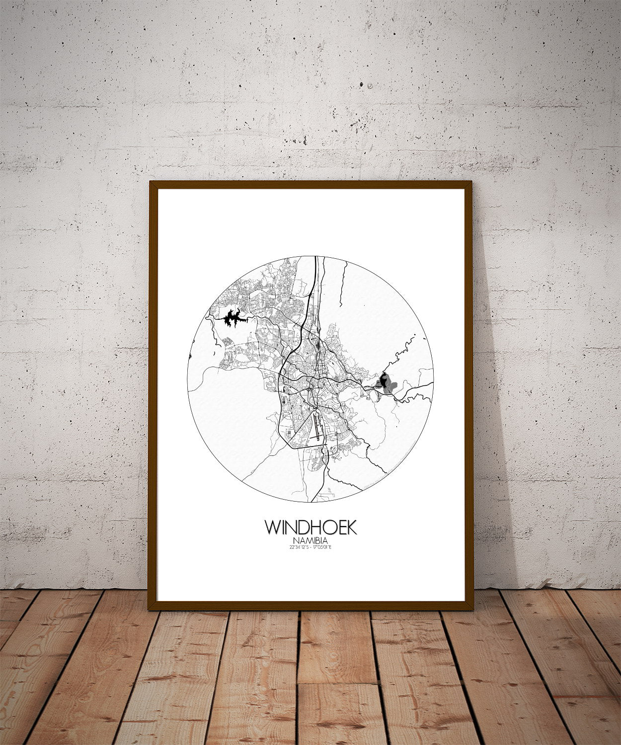 Mapospheres Windhoek Black and White dark round shape design poster city map