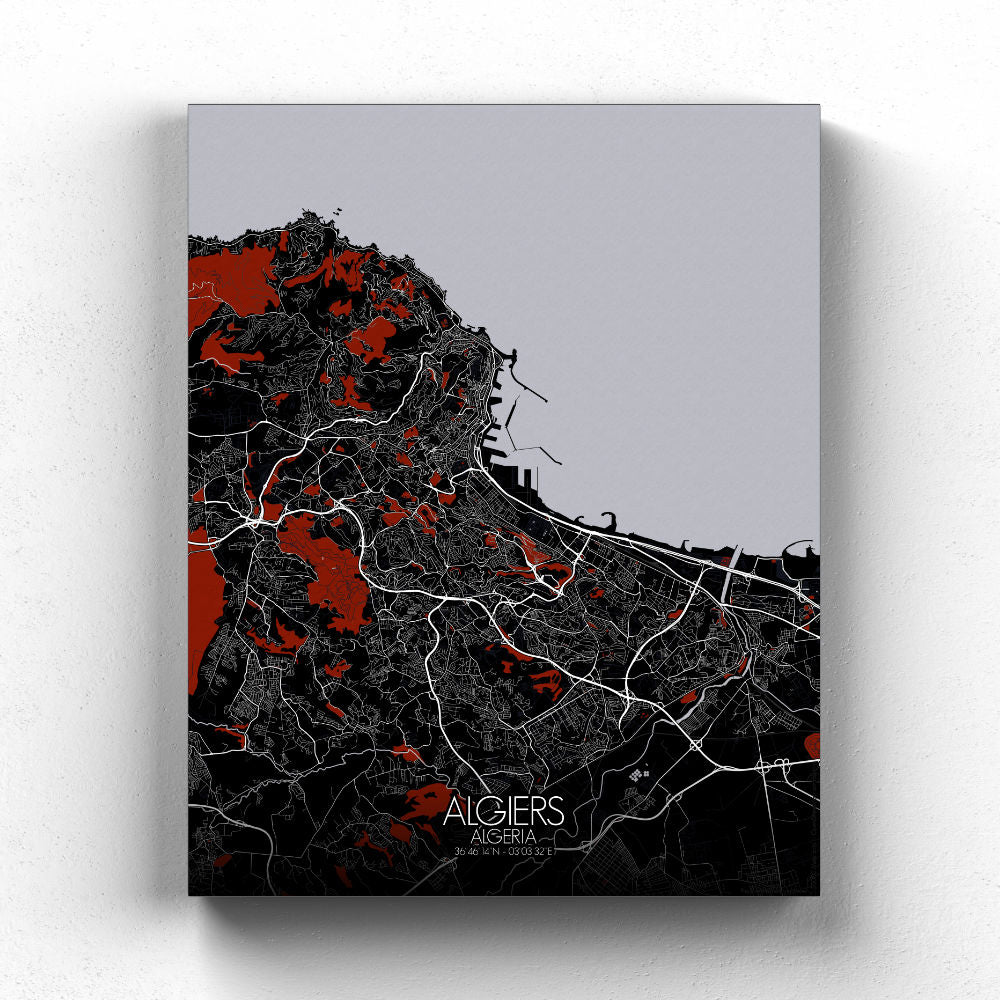Mapospheres Algiers Red dark full page design poster city map