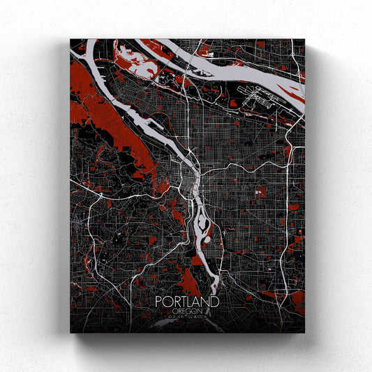 Mapospheres Portland Red dark full page design canvas city map