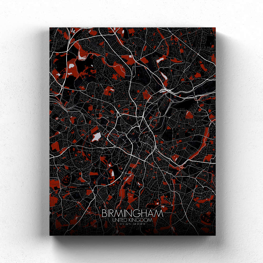 Mapospheres Birmingham Red dark full page design canvas city map