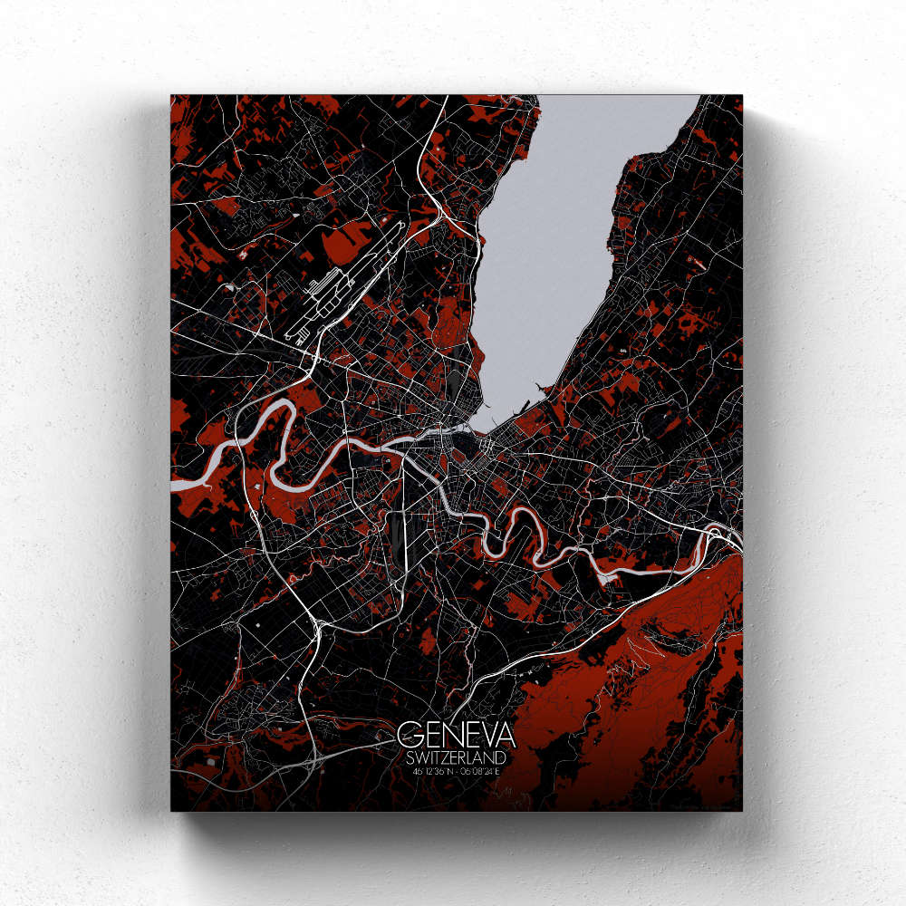 Mapospheres Geneva Red dark full page design canvas city map