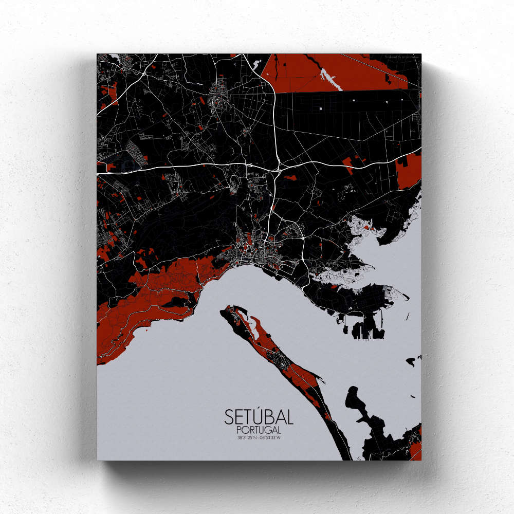 Mapospheres Setubal Red dark full page design canvas city map