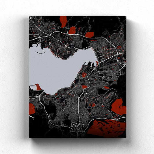 Mapospheres Izmir Red dark full page design canvas city map