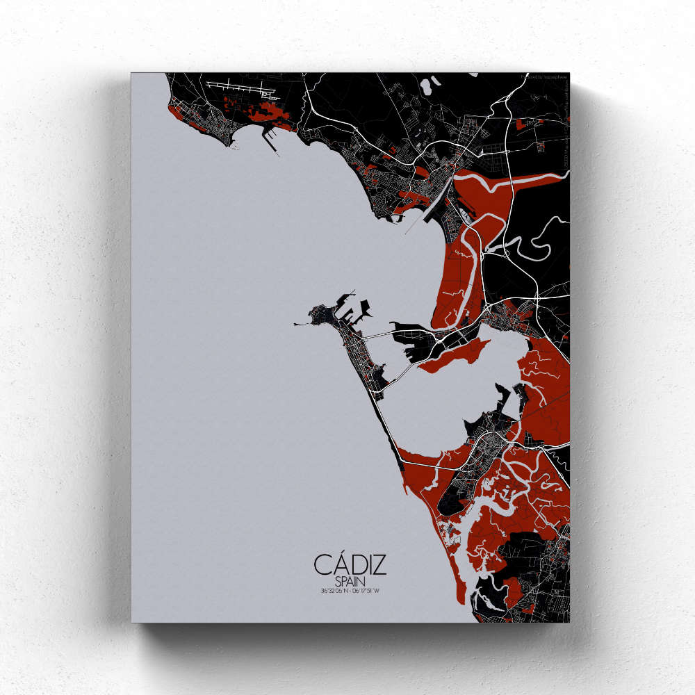 Mapospheres Cadiz Red dark full page design canvas city map