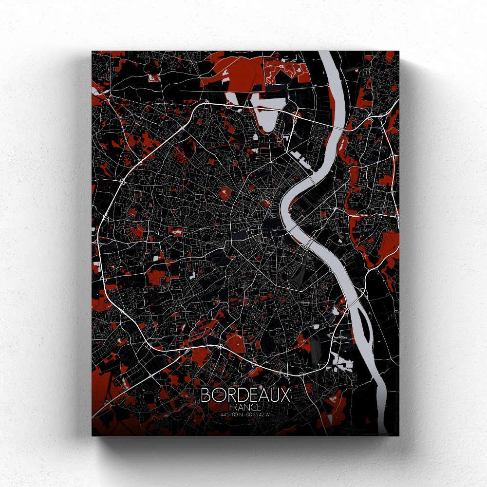 Mapospheres Bordeaux Red dark full page design canvas city map