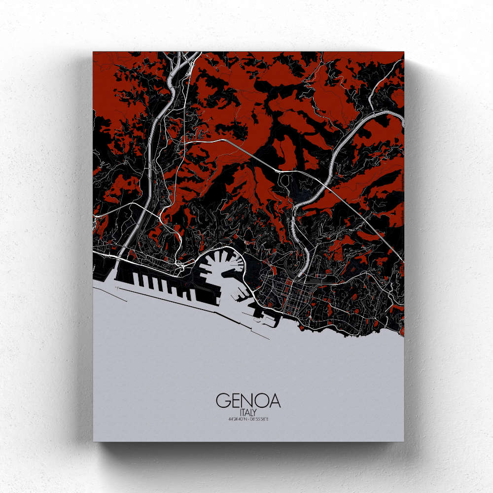 Mapospheres Genoa Red dark full page design canvas city map