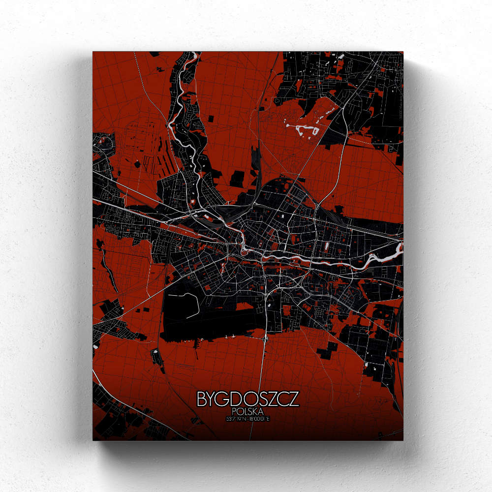 Mapospheres Bygdoszcz Red dark full page design canvas city map