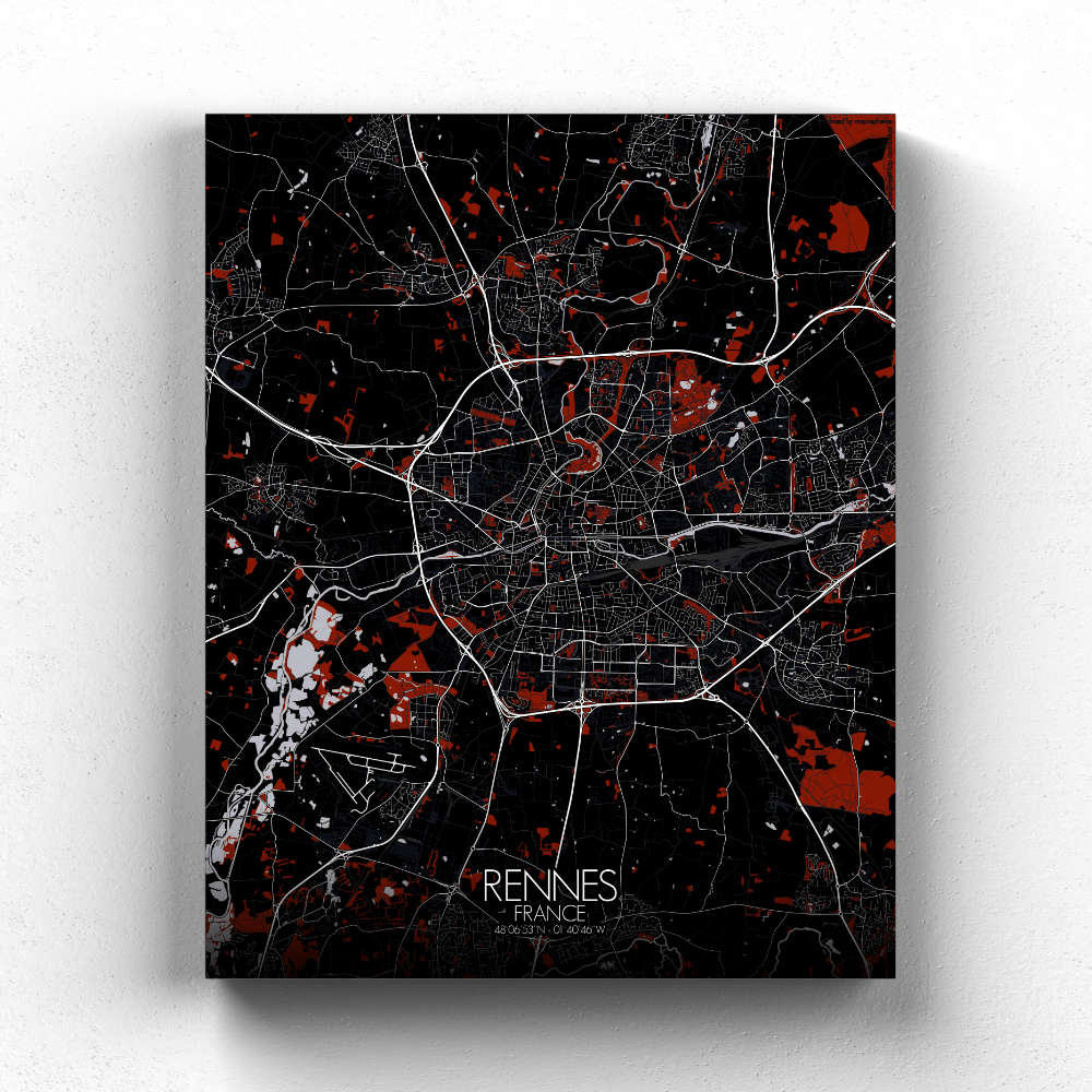 Mapospheres Rennes Red dark full page design canvas city map