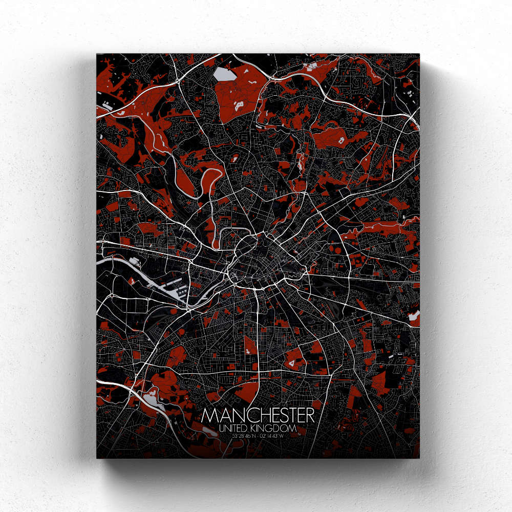 Mapospheres Manchester Red dark full page design canvas city map