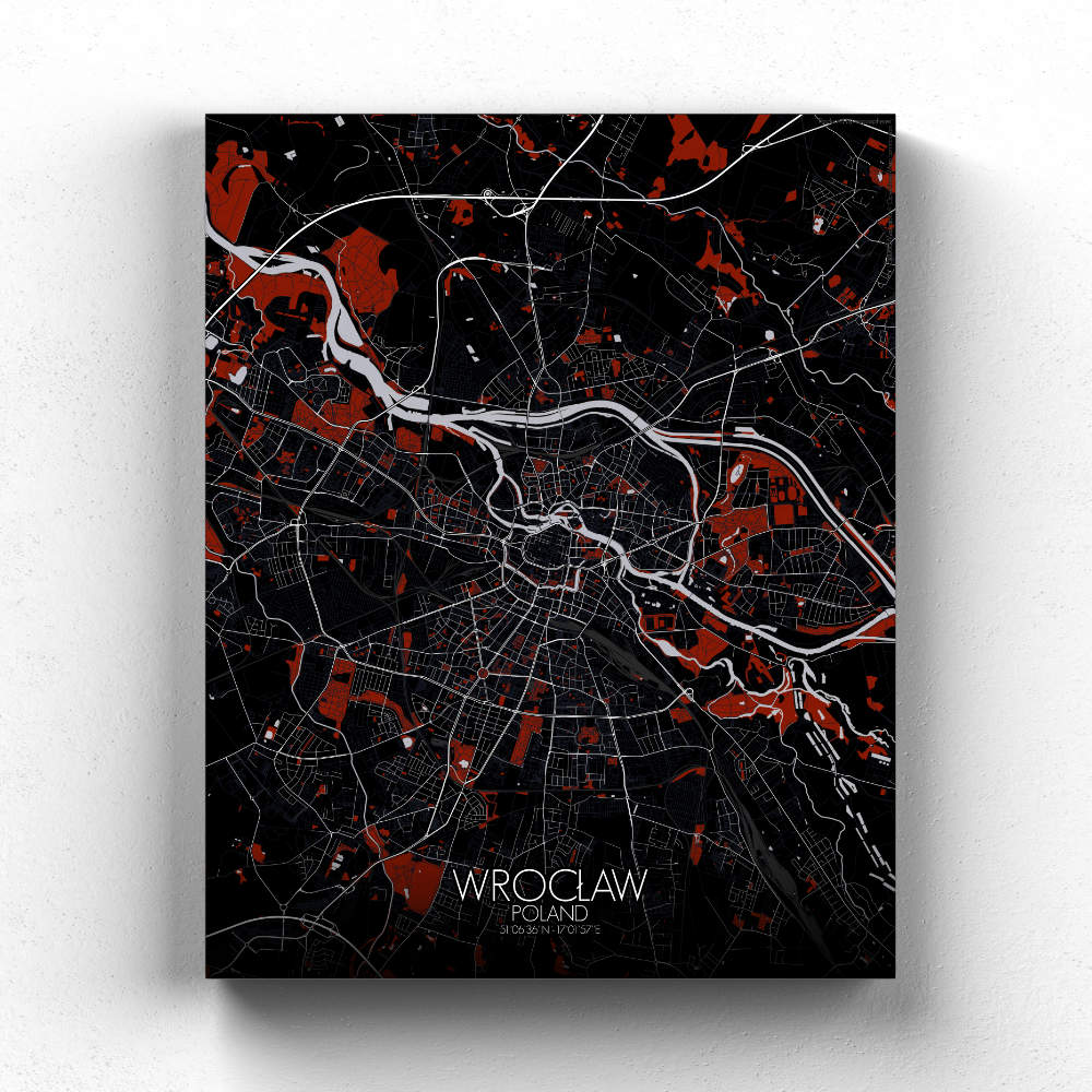 Mapospheres Wroclaw Red dark full page design canvas city map