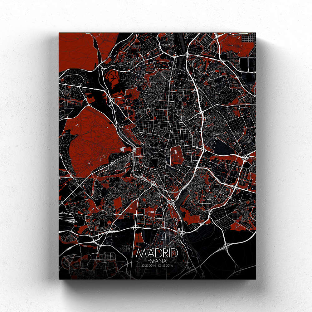 Mapospheres Madrid Red dark full page design canvas city map