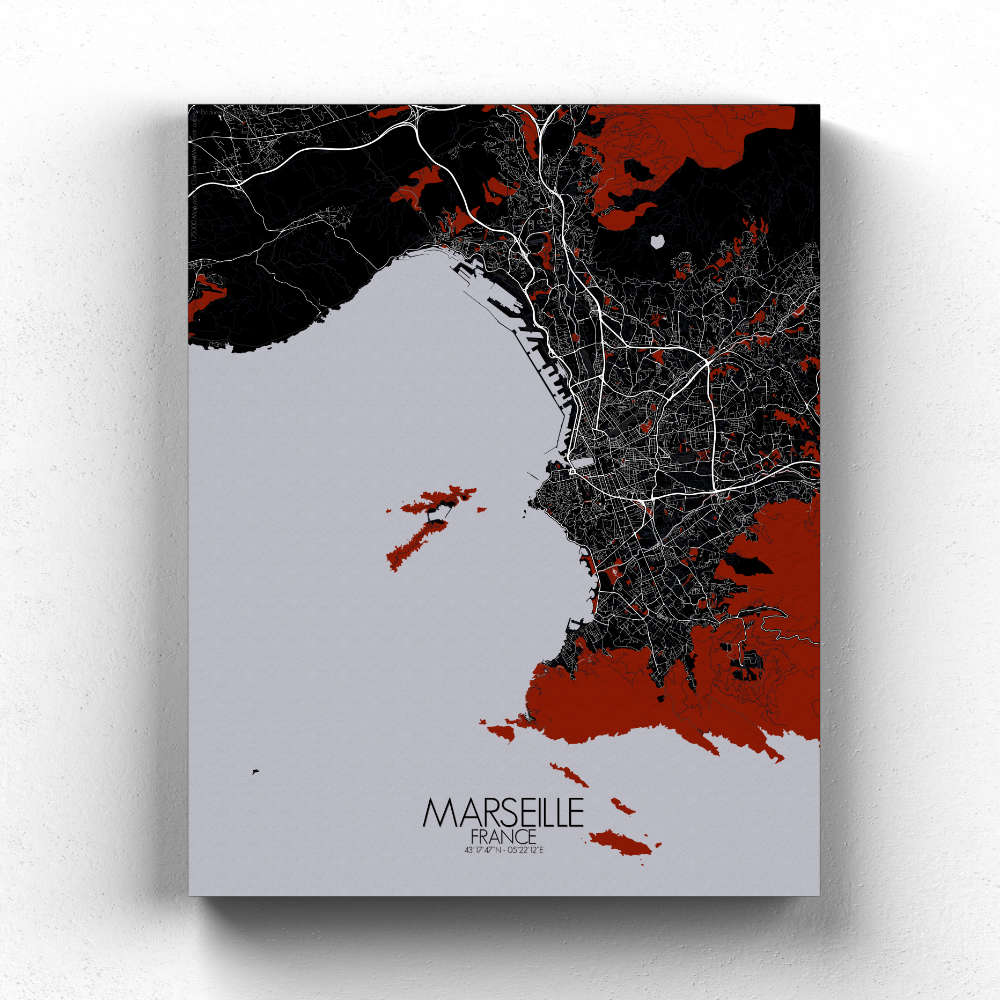 Mapospheres Marseille Red dark full page design canvas city map